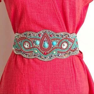 ROBIN Stunning Boho Gypsy Western Hand Beaded Belt RED-MULTI